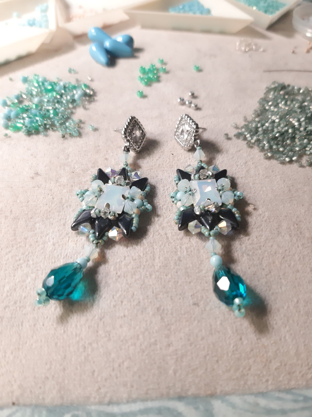 Teal Crystal Beaded Drop Earrings