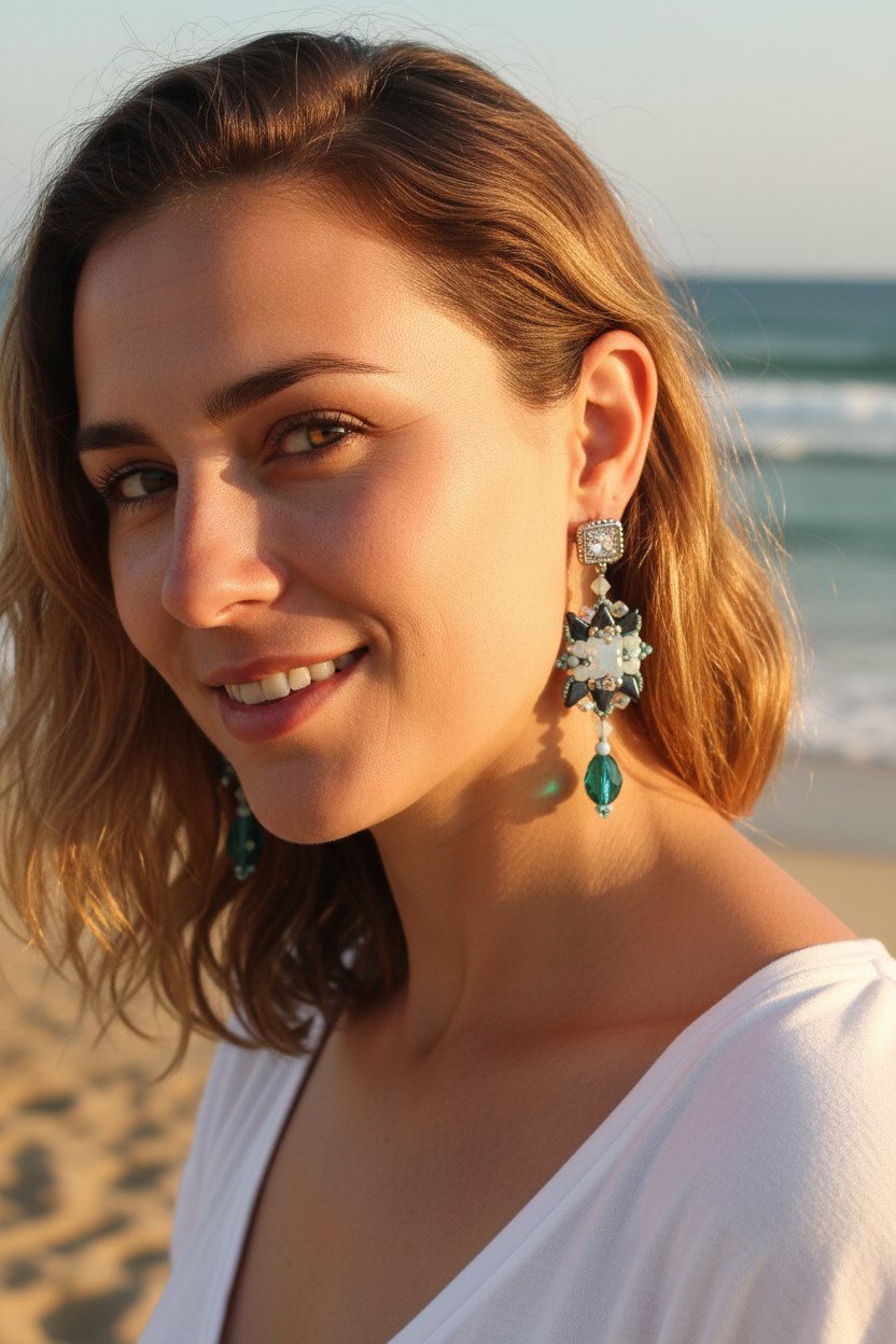 Teal Crystal Beaded Drop Earrings