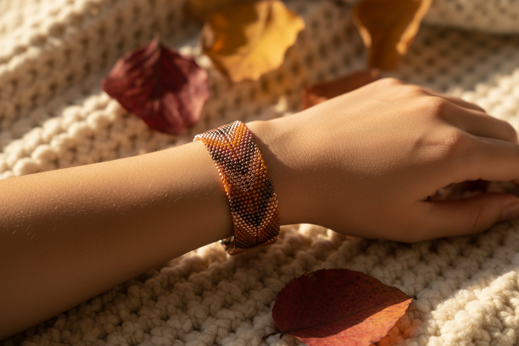 Arrow Dusk Bracelet lifestyle wrist shot on knit blanket with autumn leaves