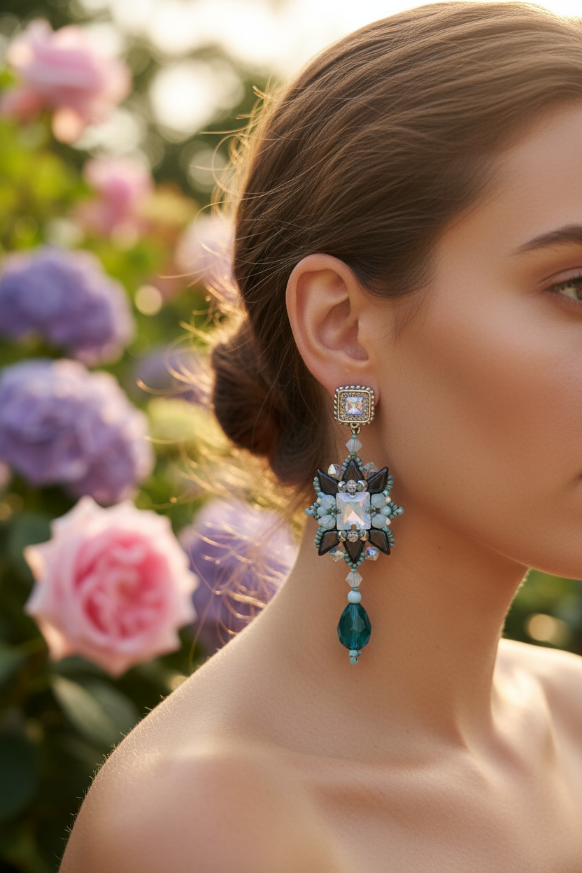 Teal Crystal Beaded Drop Earrings